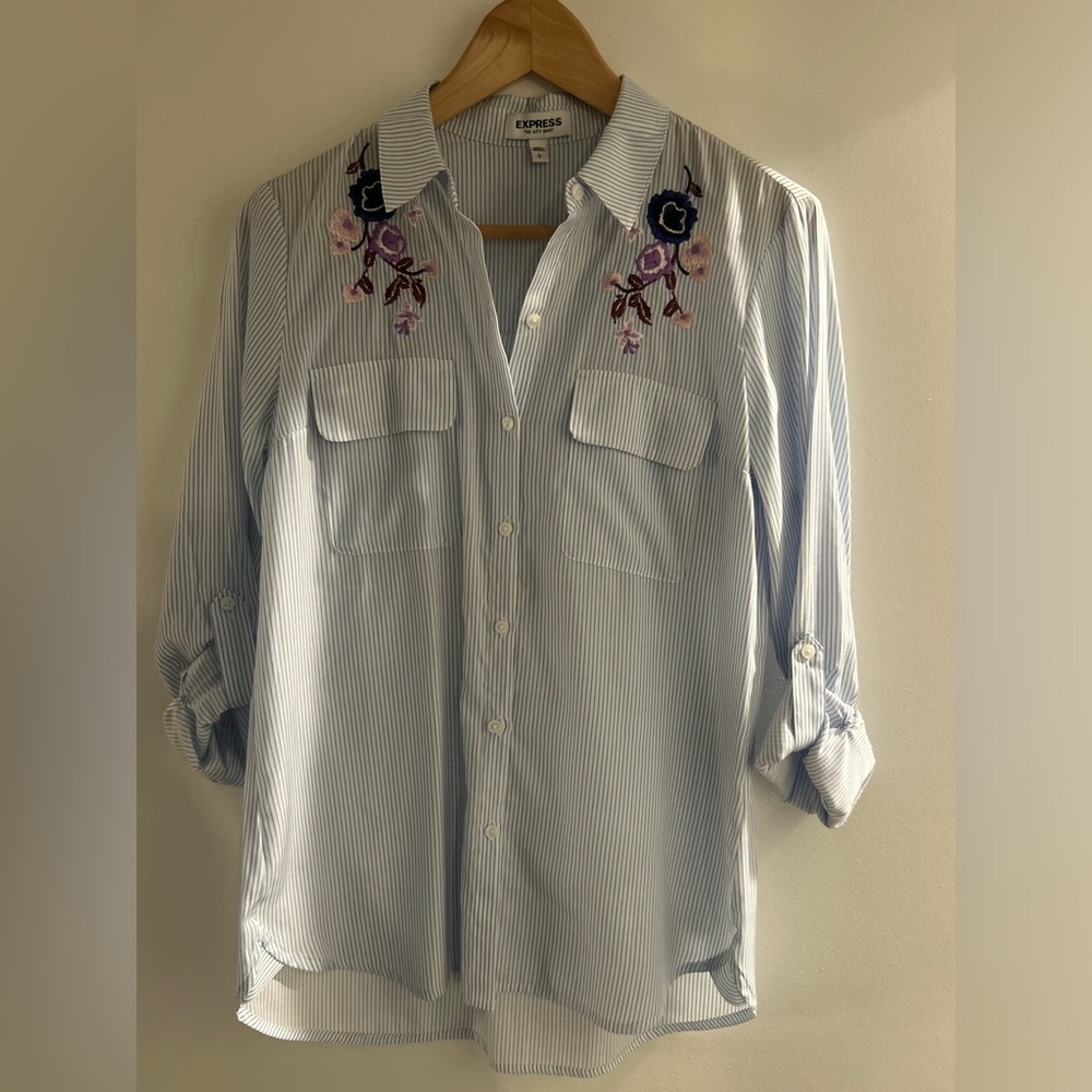 Express Blue Striped Shirt with Purple Floral Details